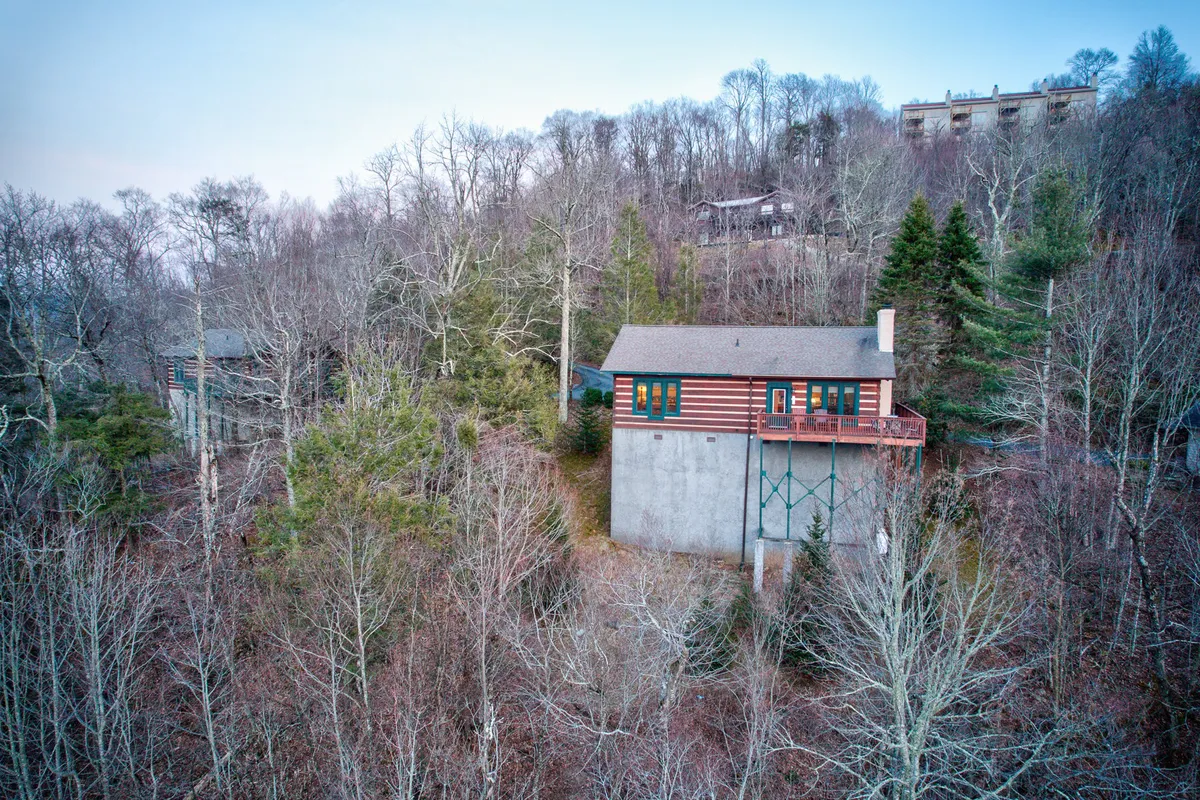 The cabin surrounded by tall trees, featuring a spacious deck area that looks out over the serene landscape. The tranquil setting emphasizes proximity to hiking trails and opportunities for outdoor relaxation.